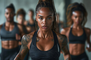 a woman with tattoos and braids in a gym - obrazy, fototapety, plakaty