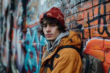 a man leaning against a wall with graffiti