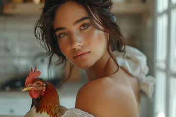Foto op Canvas a woman with a chicken © TONSTOCK