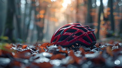 Bicycle helmet in the forest. Backdrop with selective focus and copy space