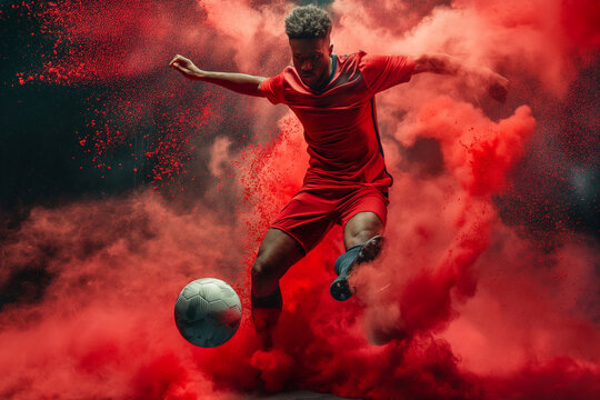 a man kicking a football ball in red smoke