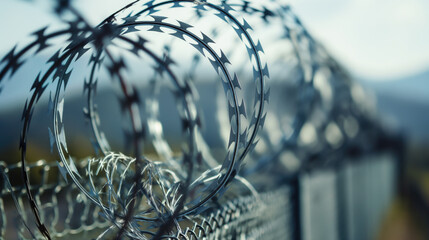 Barbed wire and barbed wire fence to prevent intruders. - obrazy, fototapety, plakaty