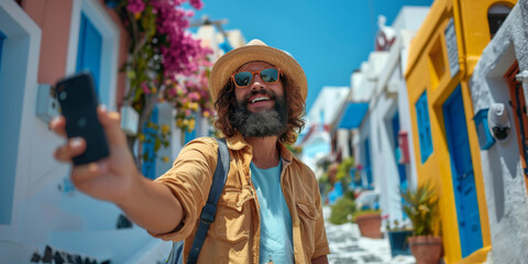 tourist fun taking a selfie in streets of Santorini 