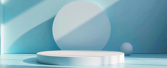 Soft-hued minimalist scene with a spherical object beside a round platform, bathed in gentle light, perfect for serene product display.