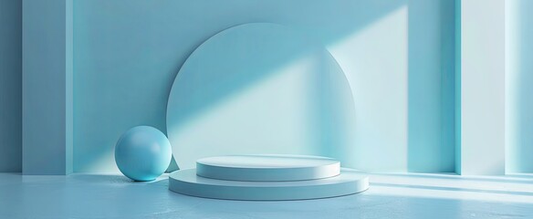 Soft-hued minimalist scene with a spherical object beside a round platform, bathed in gentle light, perfect for serene product display.