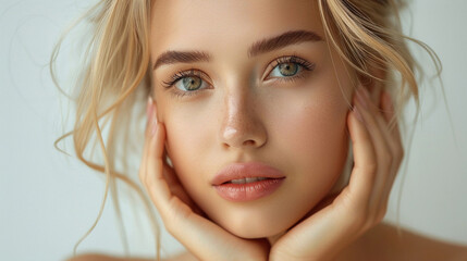 A beautiful blonde young model with smooth skin looks in camera. Concept of natural cosmetics, cosmetology, , skin care