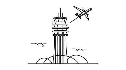 Air traffic control one continuous line illustration. Radar and control tower. Civil aviation safety.