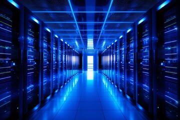 A server room with racks of blue LED lights symbolizing the backbone of cloud computing and data storage solutions