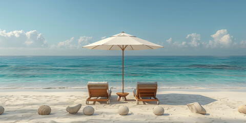 Beach umbrella with chairs and 3d rendering