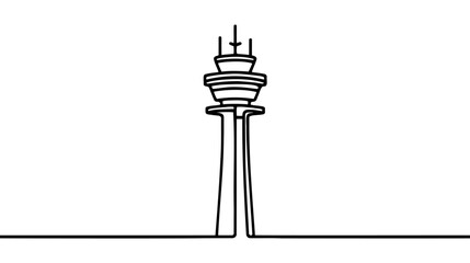 Air traffic control one continuous line illustration. Radar and control tower. Civil aviation safety. - obrazy, fototapety, plakaty