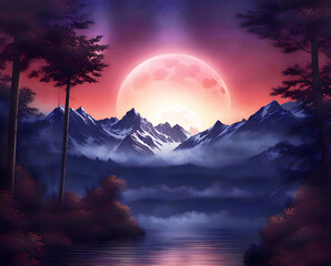 View of Lake at night with the Moon in the sky, a beautiful lake with mountains in the night background style
