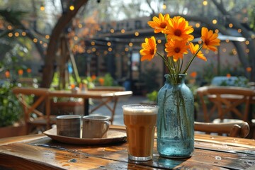 beautiful cafe park background , cup of coffee - obrazy, fototapety, plakaty