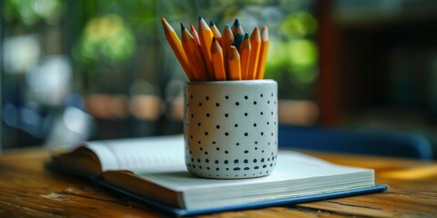 book and full of pencil penholder on a table - obrazy, fototapety, plakaty