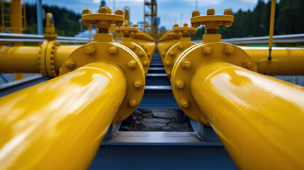 Industrial Yellow Gas Pipeline with Valves and Fittings.