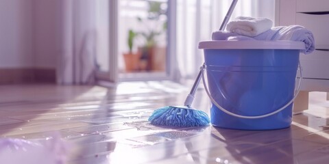 close-up of bucket with mop on the side, cleaning the floor 