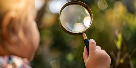closeup of child's hand holding a magnifying glass 