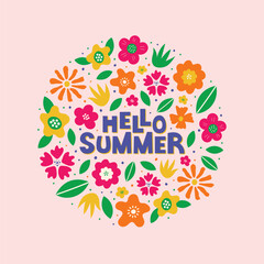 Hello summer square banner. Colorful botanical background with groovy flowers and leaves. Vector illustration