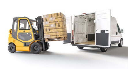 Forklift loading pallet into delivery van - 750652464