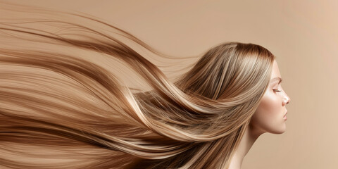 Young woman whose very long, shiny, silky hair is flying behind against bronze background. Healthy hair care.