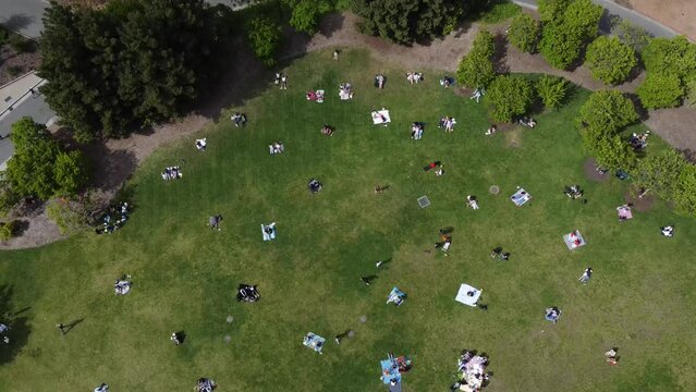 Aerial video of people having a picnic on the UC Berkeley campus. in the United States.