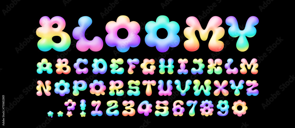Poster 3d gradient y2k balloon bubble font with inflatable rainbow english alphabet letters and numbers in 