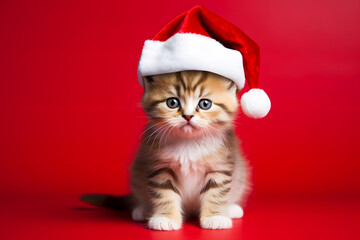 baby kitten wearing a cute red hat against a plain background.