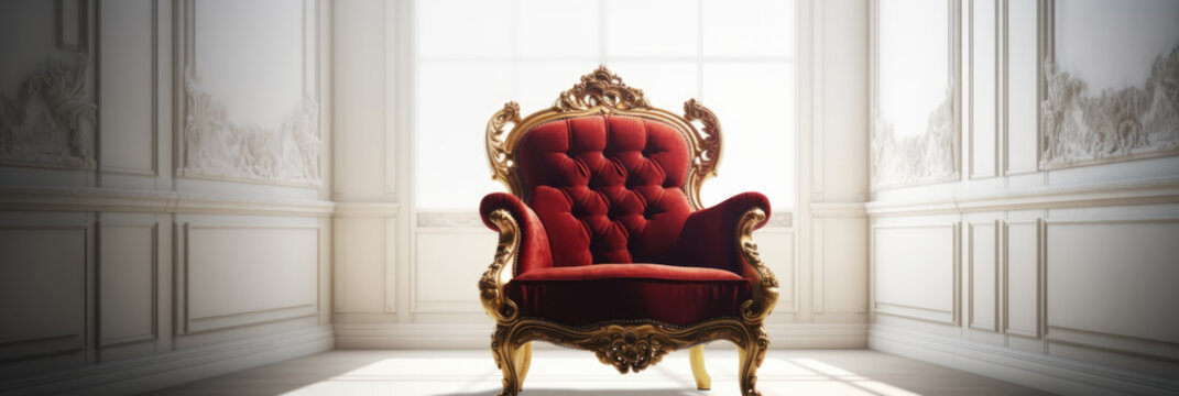 Luxury Royal Red Velvet Armchair in White Classic Interior, copy space