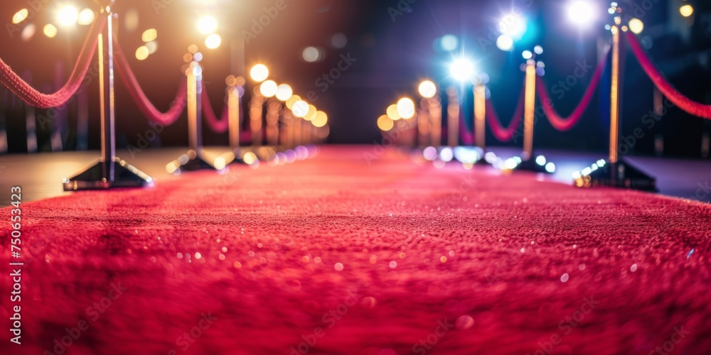 Poster empty red carpet with flash lights in the background