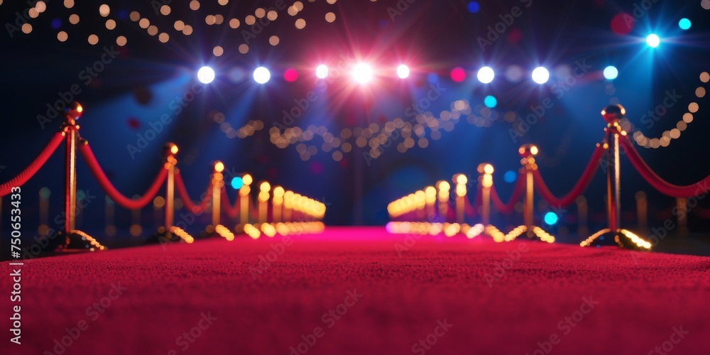Poster empty red carpet with flash lights in the background