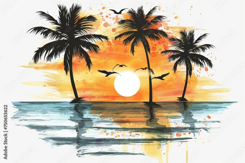 Wall mural Sunset Beach water color style,isolate on white,Clip art - Wall murals