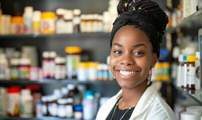 A happy young African American female pharmacist smiles while working in a pharmacy, with shelves of medicine in the background - obrazy, fototapety, plakaty