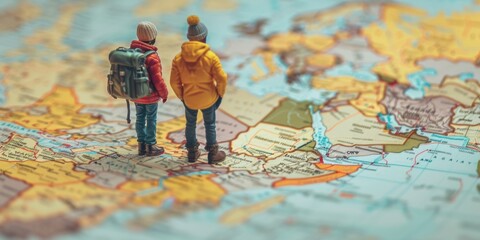 Two miniature travelers exploring a detailed map of Europe, contemplating their next adventure in vibrant colors and intricate designs