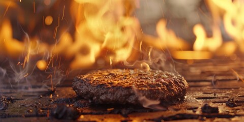 hamburger meat on grill, fire protruding