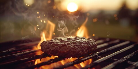 hamburger meat on grill, fire protruding  - obrazy, fototapety, plakaty