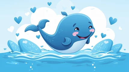 Papier Peint photo autocollant Baleine Peaceful whale illustration with a friendly smile swimming in a sea of hearts and affection on a white background