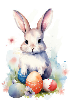 Watercolor illustration of a fluffy brown rabbit with a cute expression, nestled among colorful Easter eggs. Ideal for Easter greetings and spring-themed designs.