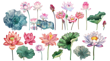 A set of vibrant, detailed illustrations of lotus flowers and leaves, showcasing a variety of colors and stages of bloom. Clipart on transparent background.
