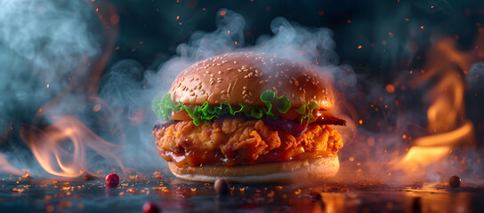 a burger with smoke coming out of it - obrazy, fototapety, plakaty