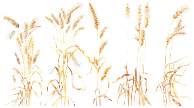 Fototapeta A diverse collection of wheat ears isolated on white, showcasing various stages of maturity and forms, perfect for agricultural and botanical themes