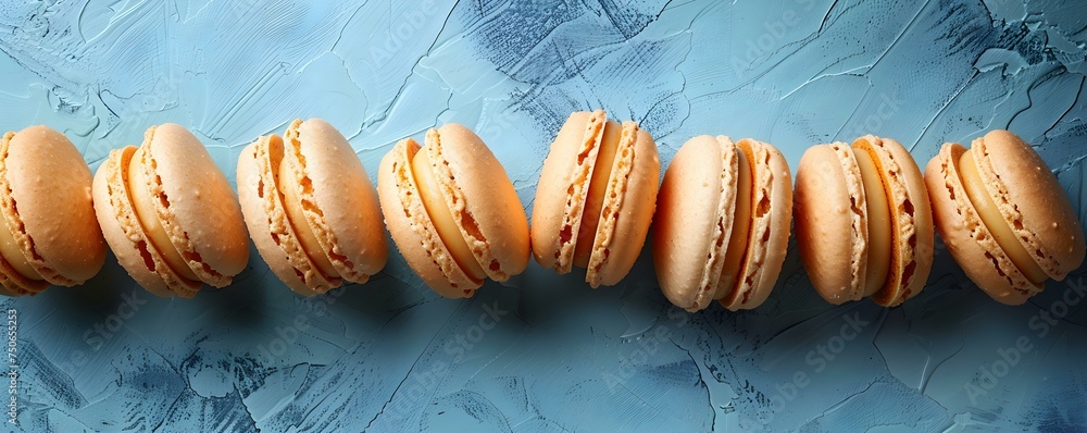 Poster professional photo of macarons on a blue background with centered composition and copy space. concep