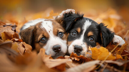 Two young dogs resting comfortably in a pile of fallen autumn leaves - Powered by Adobe