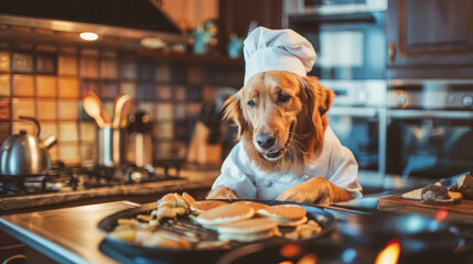 A dog wearing a chefs hat sitting on top of a stove in a kitchen setting