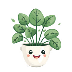 A vector cute kawaii plant in pot character on a transparent background.