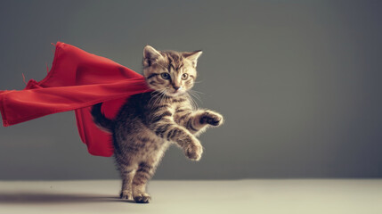 A tiny kitten with a red cape walking on the floor