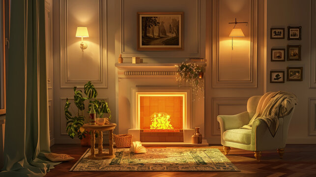 A fully furnished living room with various pieces of furniture arranged around a fireplace