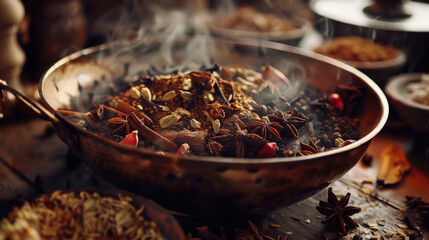 A brass bowl filled with a variety of exotic spices emits steam, suggesting a warm, fragrant culinary preparation
