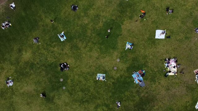Aerial video of people having a picnic on the UC Berkeley campus. in the United States.