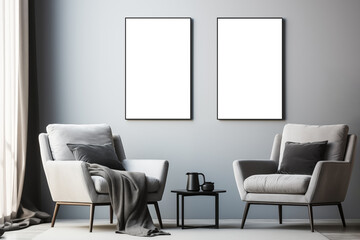 Mockup frame for wall decoration in a room with modern interior, fireplace and luxury furniture