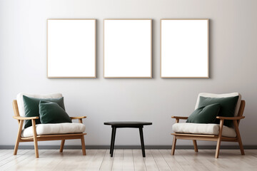Mockup frame for wall decoration in a room with modern interior, fireplace and luxury furniture