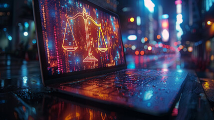 laptop computer with legal law scale on the screen, corporate trade license registration and court governance compliance for online and modern business concept